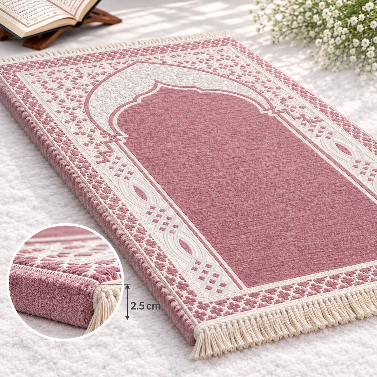 7f1551e8-2784-4cc1-bd83-3523c1fe2c6d سجادة صلاة رغوية ميموري فوم طبية سميكة باللون الوردي
